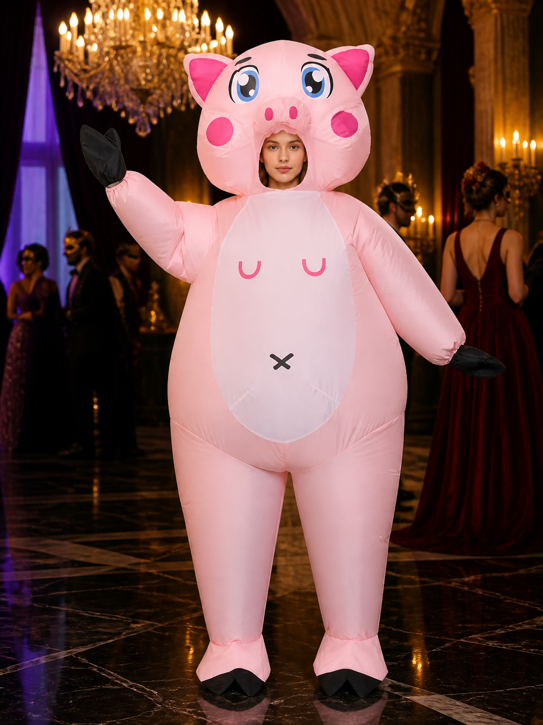 Kids Funny Pink Pig Costume Onesie with Hood, Gloves and Booties for Halloween Costumes detail