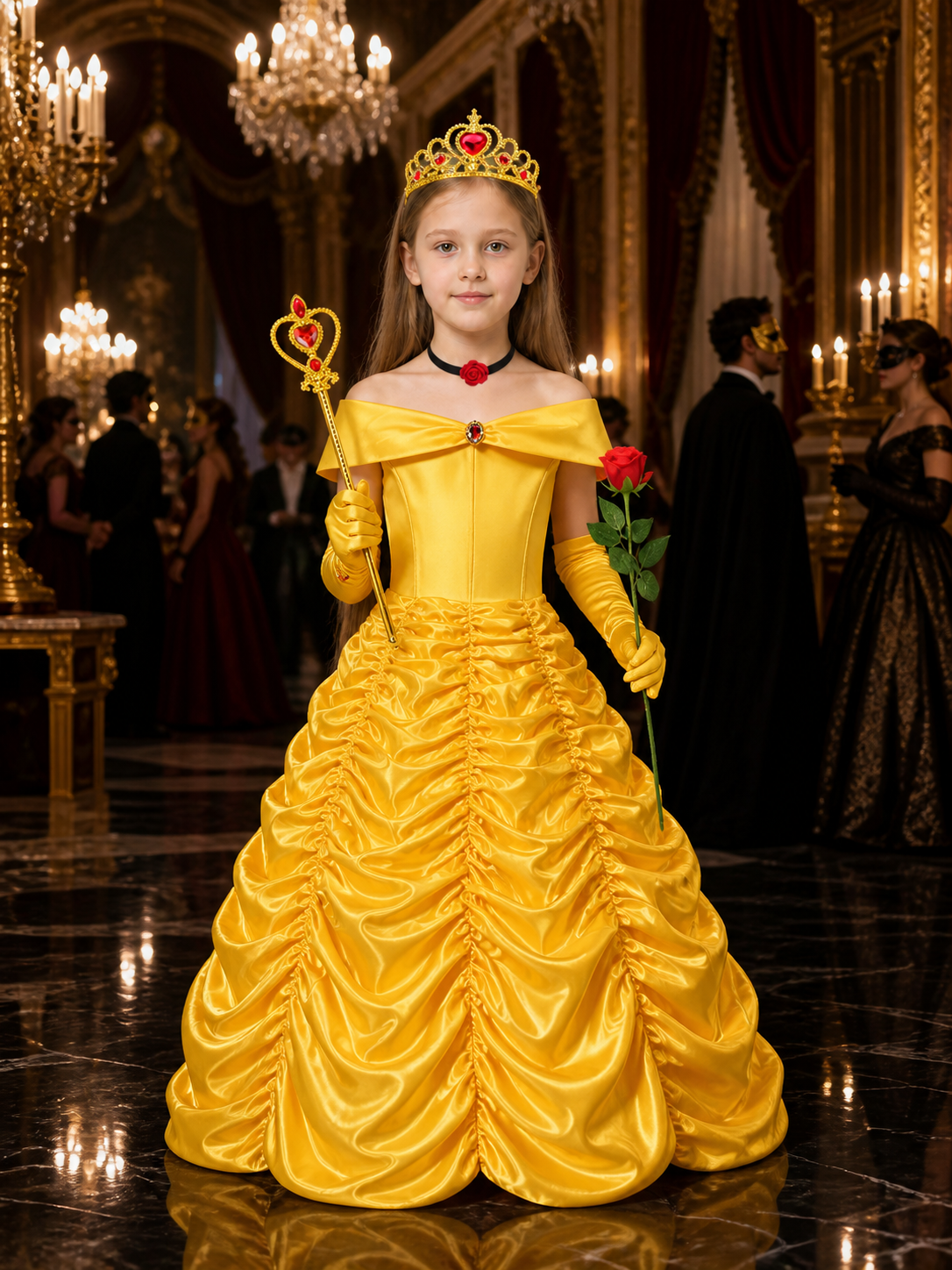 Kids Belle Princess Costume Dress Set With Crown, Gloves, Wand and Rose Costume Dresses detail