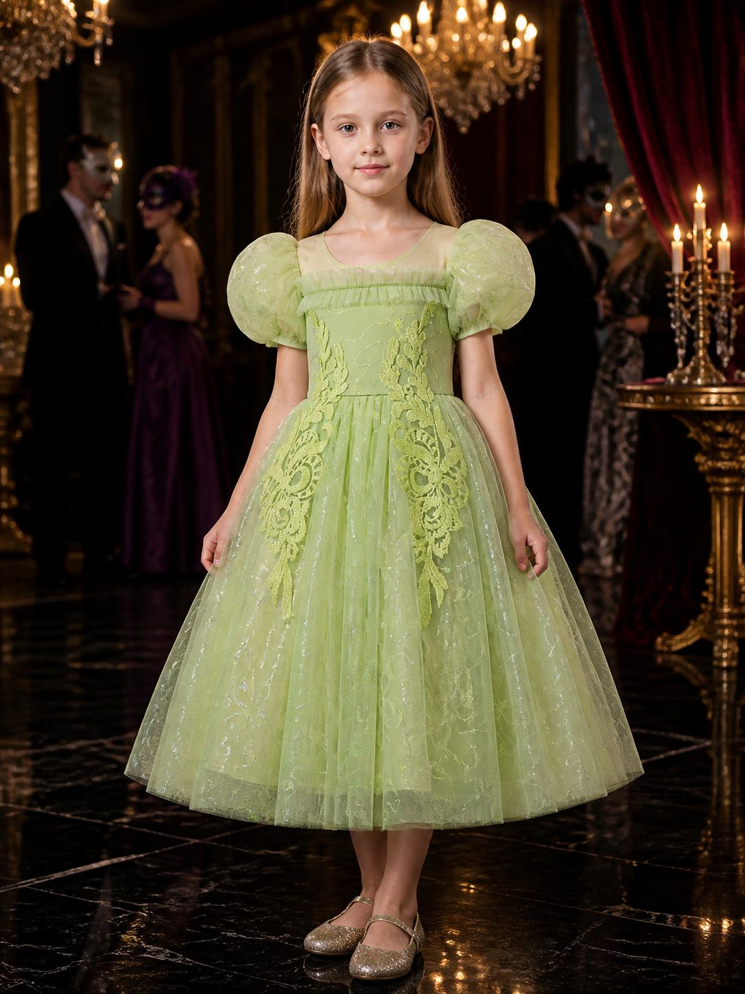 Girls' Mint Green Princess Dress with Puff Sleeves, Sequined Floral Embroidery Costume Dresses detail
