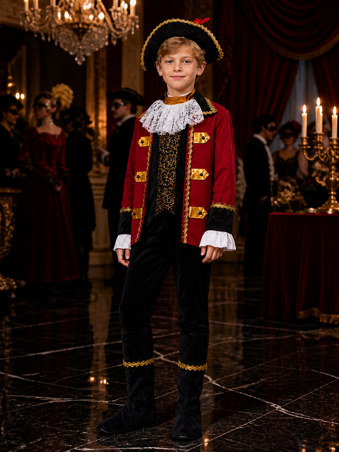 Kids Pirate Captain Costume Set, Red Coat with Gold Trim, Tricorn Hat, and