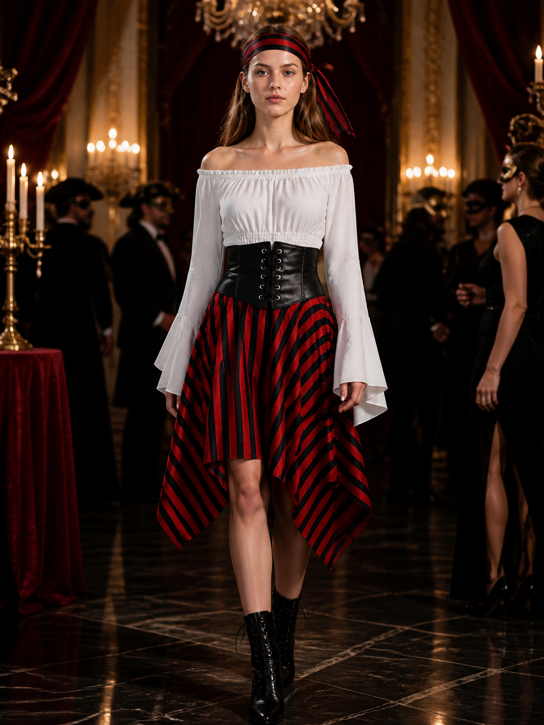 Women's Pirate Costume Set with Off Shoulder Top, Striped Skirt, Corset Belt & Costumes detail
