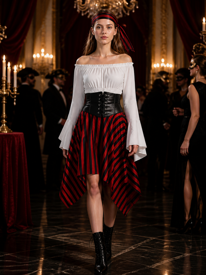 Women's Pirate Costume Set with Off Shoulder Top, Striped Skirt, Corset Belt & Costumes detail