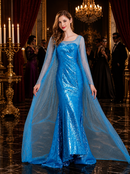 Women's Blue Sequined Princess Gown Halloween Costume with Flowing Side Panels Costume Dresses detail