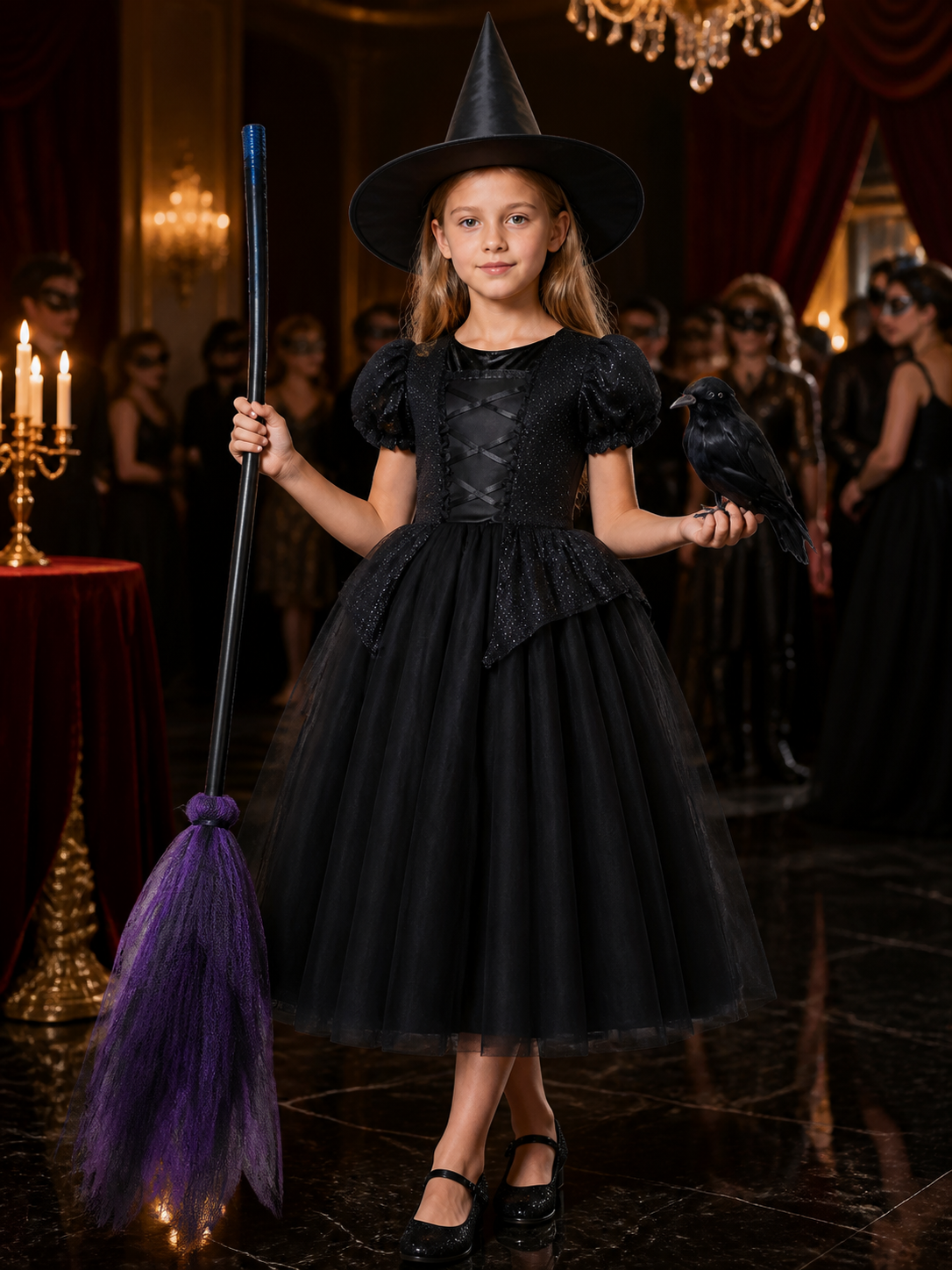 Kids' Purple and Black Witch Costume Dress Set with Hat, Broom and Crow Costume Dresses detail
