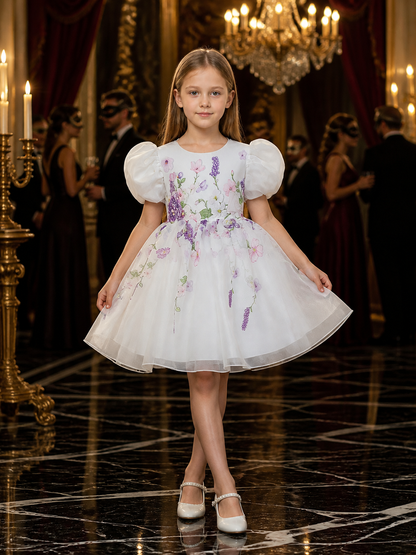 Toddler Girls' Floral Princess Dress, White Puff Sleeve Tulle Costume Costume Dresses detail