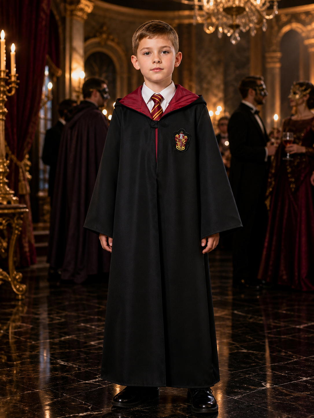 Children's Hooded Wizard Robe Costume Set With Tie and School Crest Costumes detail
