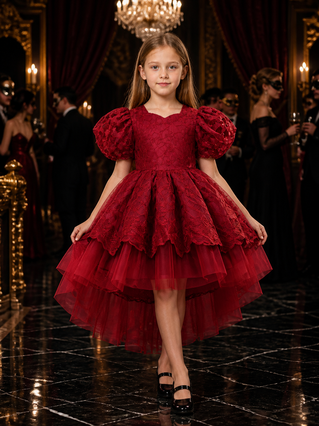 Toddler Girls' Burgundy Princess Dress With Puff Sleeves And Layered Tulle Skirt Costume Dresses detail