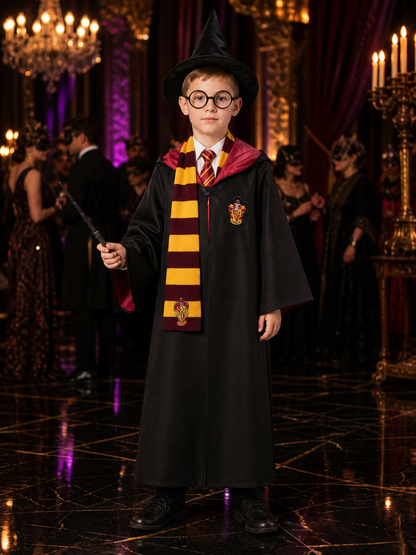 Kids Wizard Robe Costume Set with Hood, Burgundy Gold School Crest, Includes Costumes detail