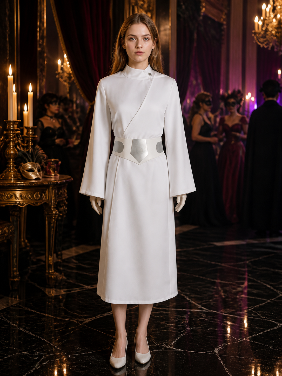 Women's White Princess Cosplay Dress, High Neck Long Sleeve A-Line with Belt Costume Dresses detail