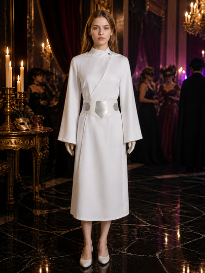 Women's White Princess Cosplay Dress, High Neck Long Sleeve A-Line with Belt Costume Dresses detail