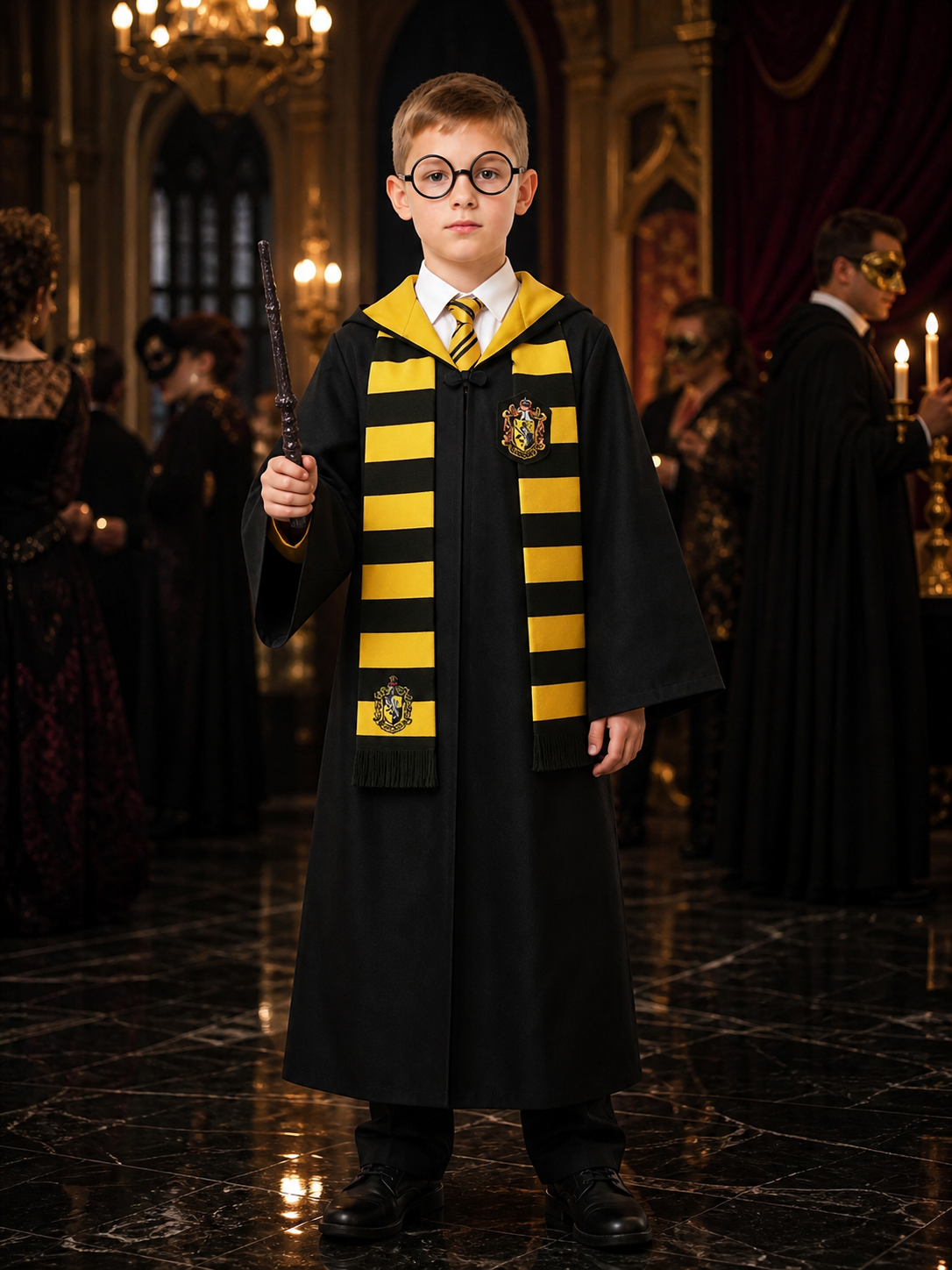 Kids Wizard Robe Costume Set, Black Hooded Cape with Yellow Black Striped Scarf Costume Capes detail