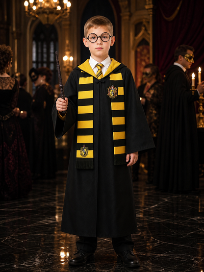 Kids Wizard Robe Costume Set, Black Hooded Cape with Yellow Black Striped Scarf Costume Capes detail