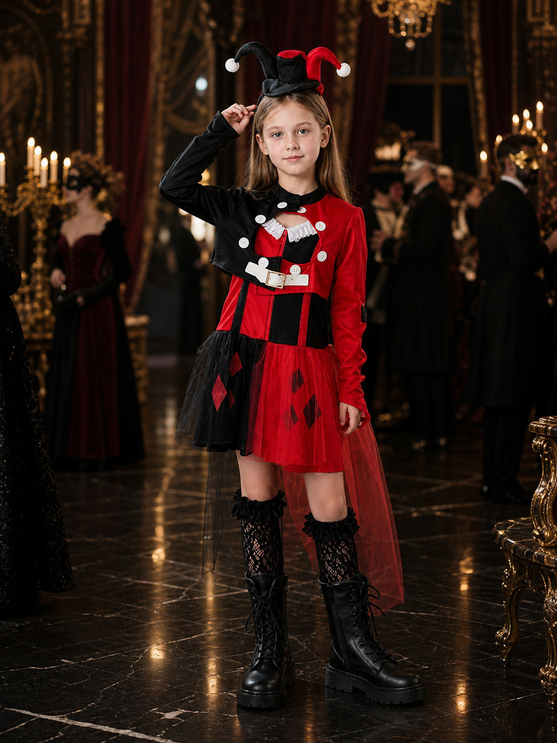 Kids Clown Circus Halloween Costume Set - Black Red Harlequin Dress with Costume Dresses detail