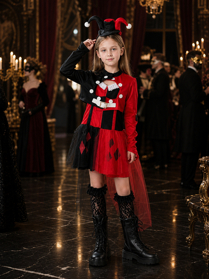 Kids Clown Circus Halloween Costume Set - Black Red Harlequin Dress with Costume Dresses detail