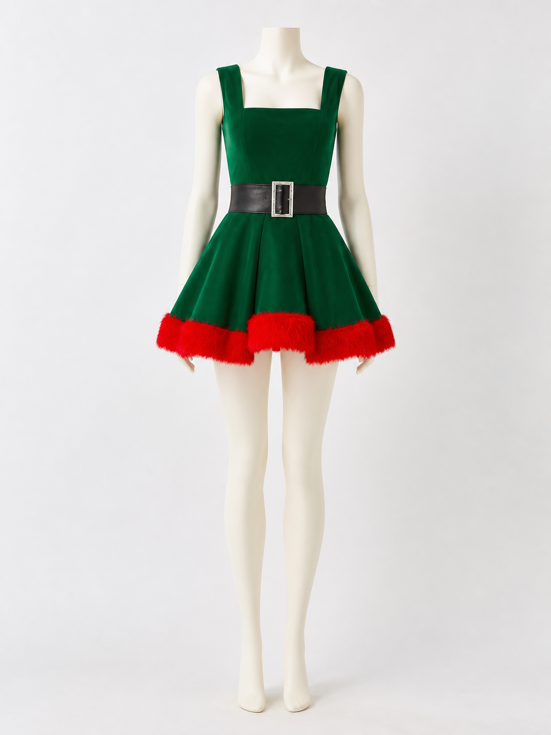 Women's Green Christmas Tree Princess Dress with Red Fur Trim and Black Belt