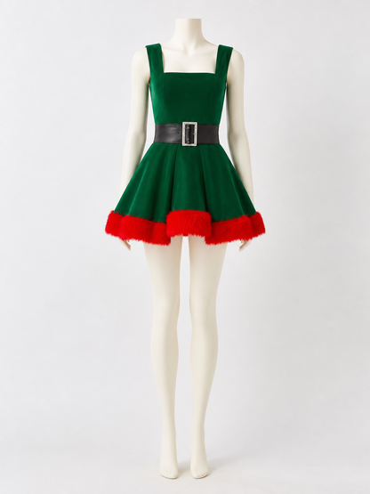 Women's Green Christmas Tree Princess Dress with Red Fur Trim and Black Belt