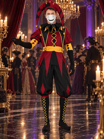 Jester Cosplay Costume with Mask, Hat, Stockings, and Gloves