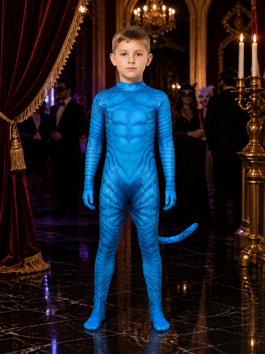 Kids Avatar 3 Bodysuit Costume, Blue Muscle Print with Tail, Halloween Outfit Costumes detail