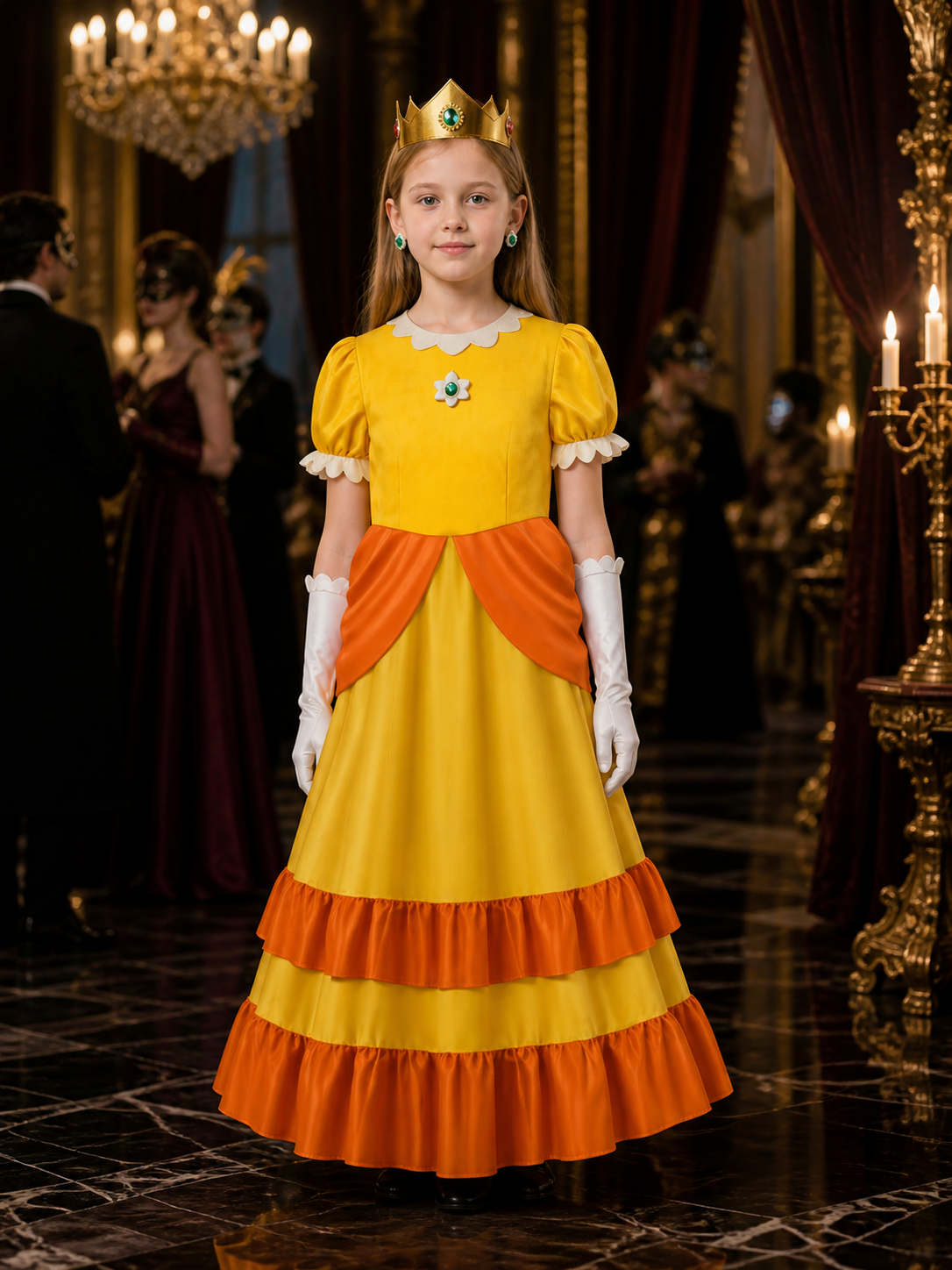 Kids Princess Yellow Dress Costume Set with Crown and Gloves for Halloween Costume Dresses detail