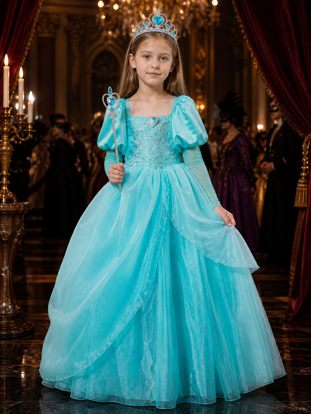 Girls Ariel Princess Costume Dress with Crown and Wand, Layered Tulle Sea Green Costume Dresses detail