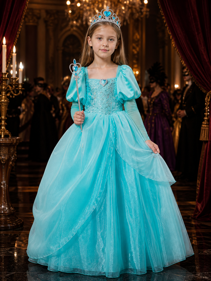 Girls Ariel Princess Costume Dress with Crown and Wand, Layered Tulle Sea Green Costume Dresses detail