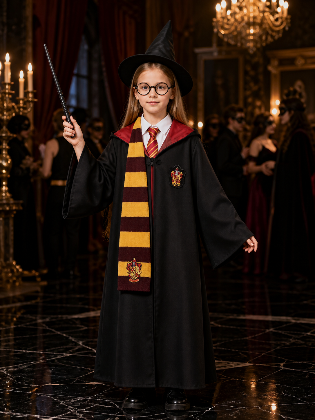 Kids Wizard Hooded Robe Costume Set with Scarf, Hat, Glasses & Wand Costume Headwear detail