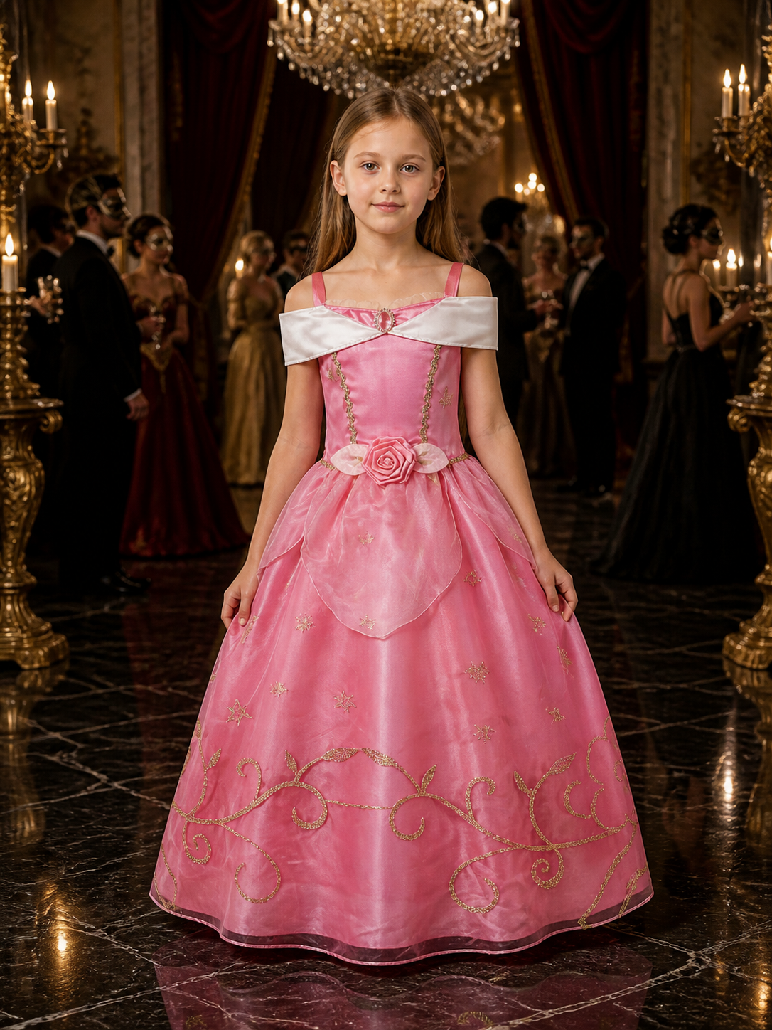 Girls' Princess Dress Costume, White Collar & Gold Trim, Pink Tutu Dress for Costume Dresses detail