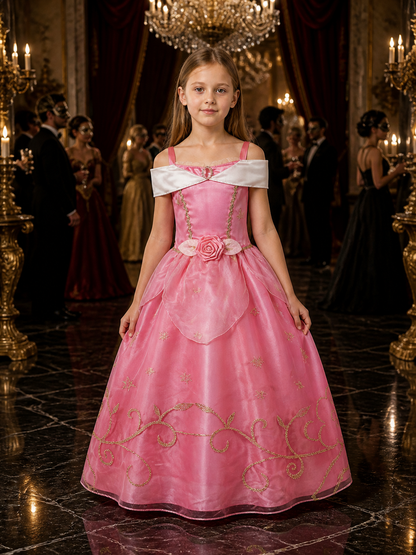 Girls' Princess Dress Costume, White Collar & Gold Trim, Pink Tutu Dress for Costume Dresses detail