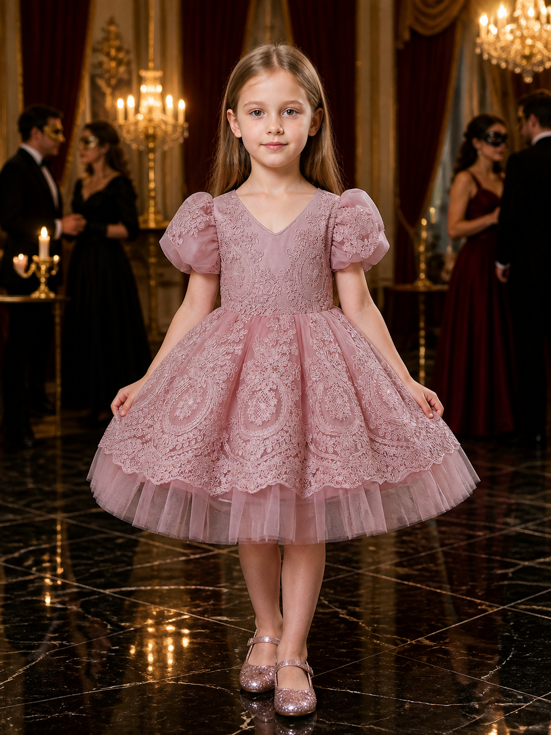 Toddler Girls' Dusty Pink Princess Dress, Embroidered Puff Sleeve Layered Tulle Costume Dresses detail