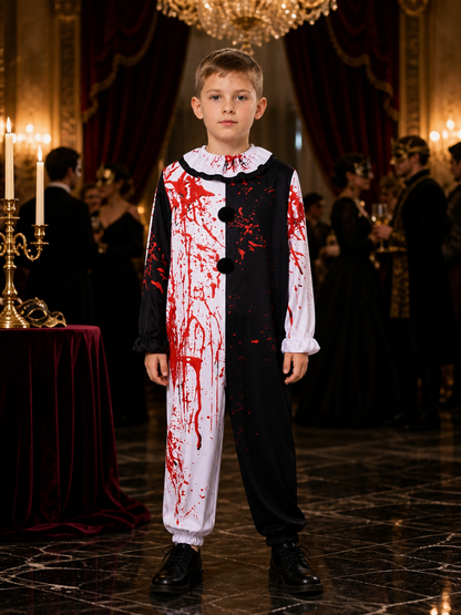 Men's Bloody Clown Jumpsuit Costume, Black White Split with Ruffled Collar Costumes detail