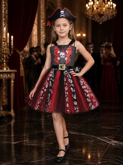 Kids Pirate Princess Dress Costume with Skull Pattern & Hat, Halloween Fancy Costume Dresses detail