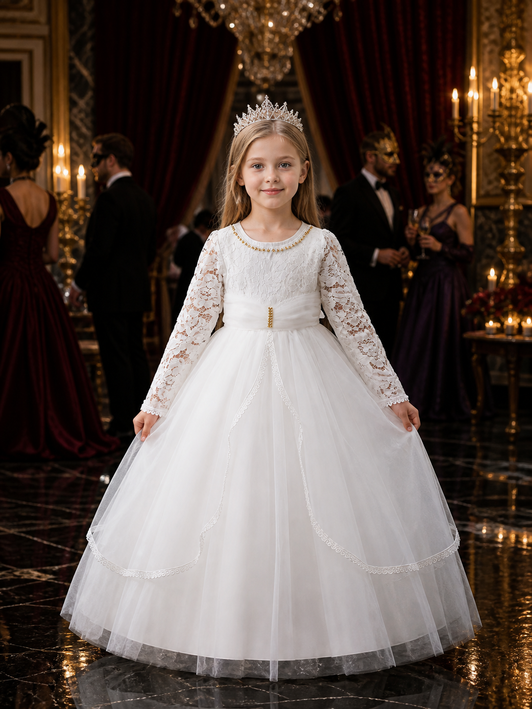 Girls' White Lace Long-Sleeve Princess Dress with Layered Tulle Skirt Costume Dresses detail