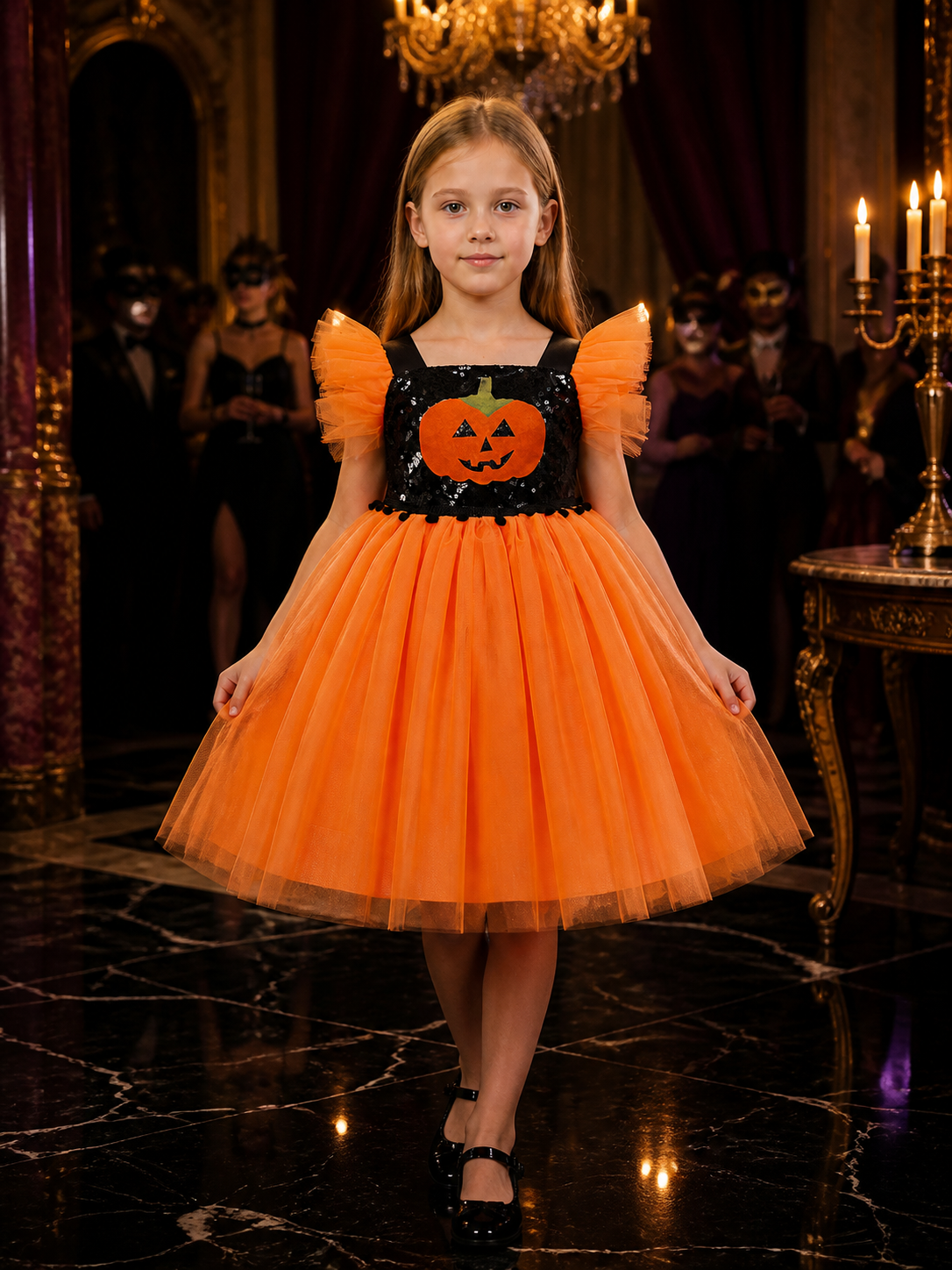 Girls' Pumpkin Halloween Princess Costume Dress, Sequined Bodice And Layered Costume Dresses detail