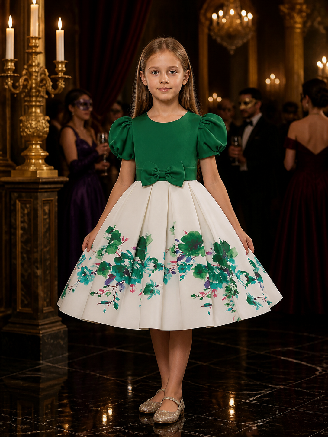 Girls' Green and White Floral Princess Dress with Puff Sleeves and Bow Costume Dresses detail