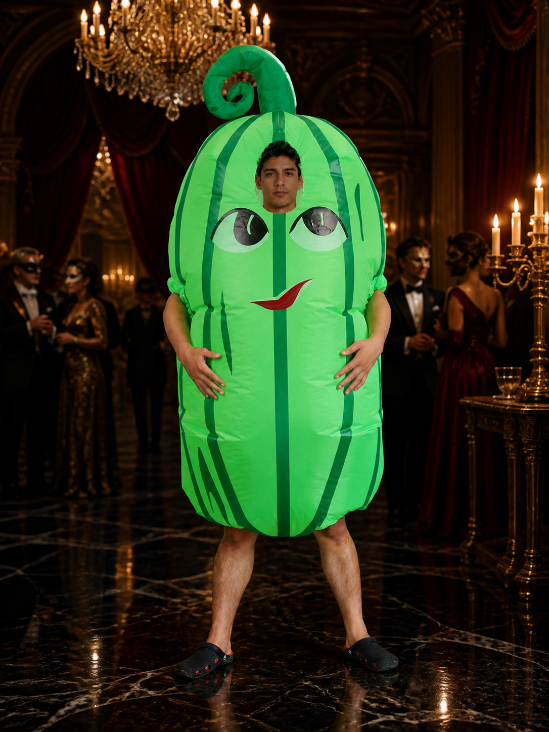 Inflatable Cactus Costume with Cartoon Face, Green Striped Halloween Outfit Costumes detail