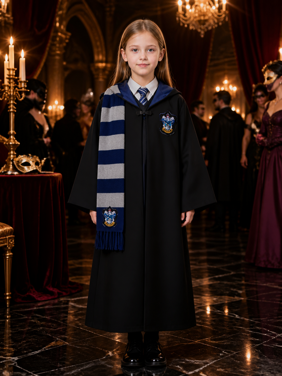 Hooded Wizard Robe Costume Set With Tie and Scarf, Black Cloak Costume Capes detail