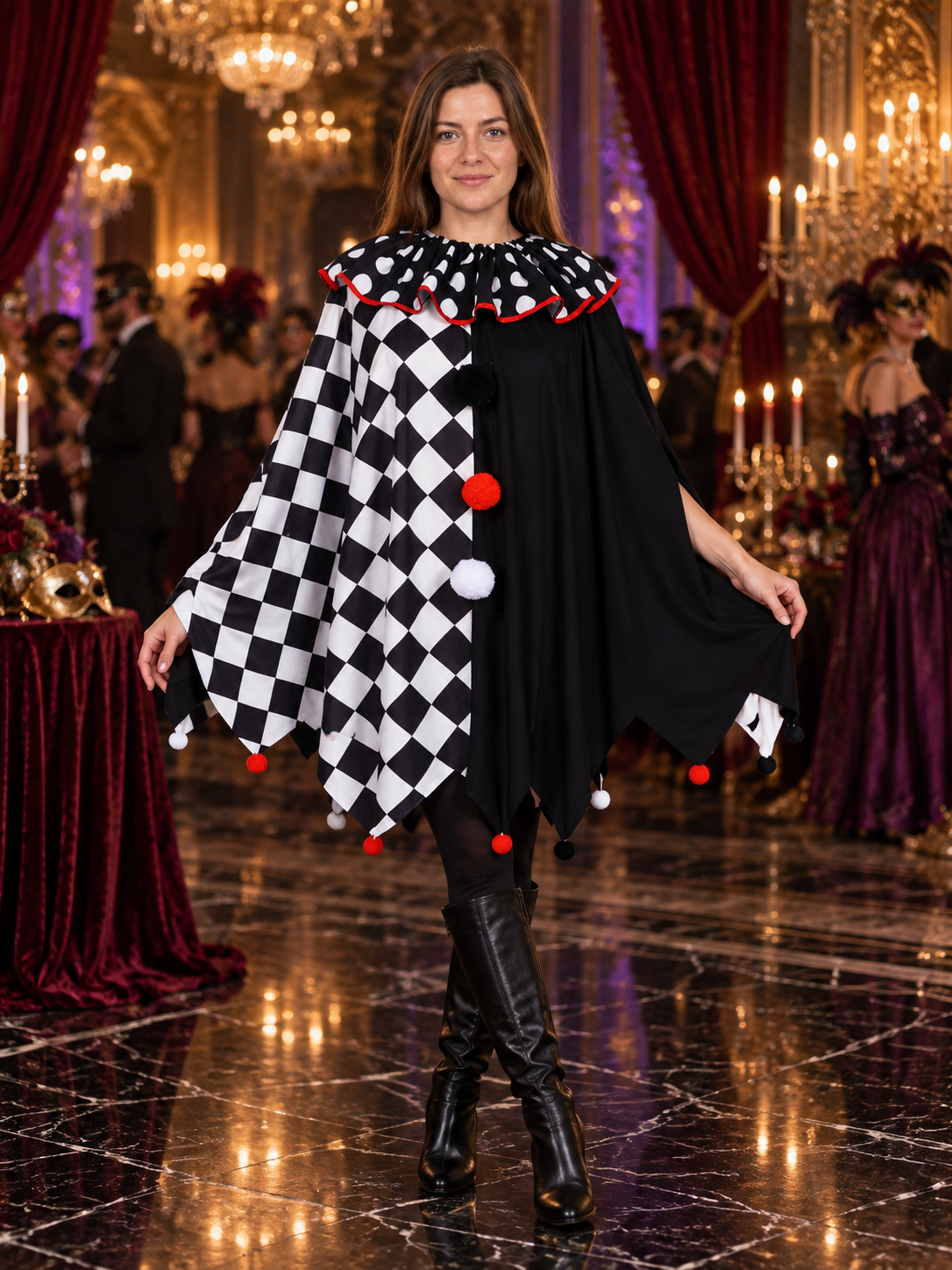 Black and White Cosplay Cape Cloak with Red Trim