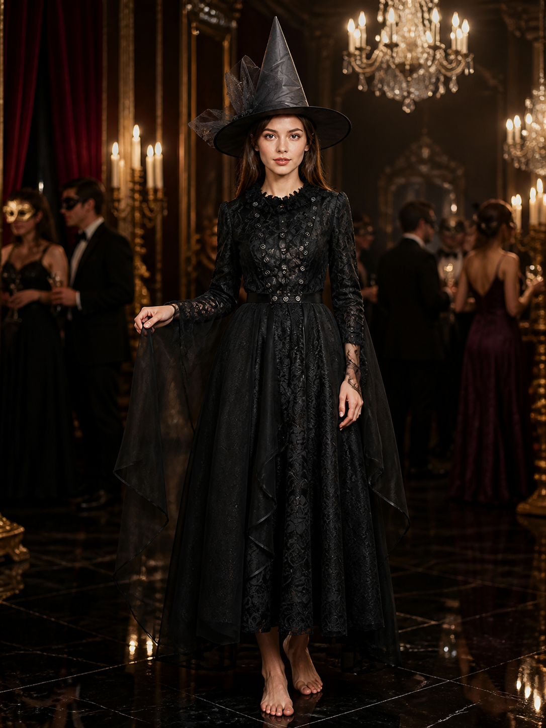 Black Witch Costume Dress with Layered Skirt and Hat, Halloween Outfit Costume Dresses detail