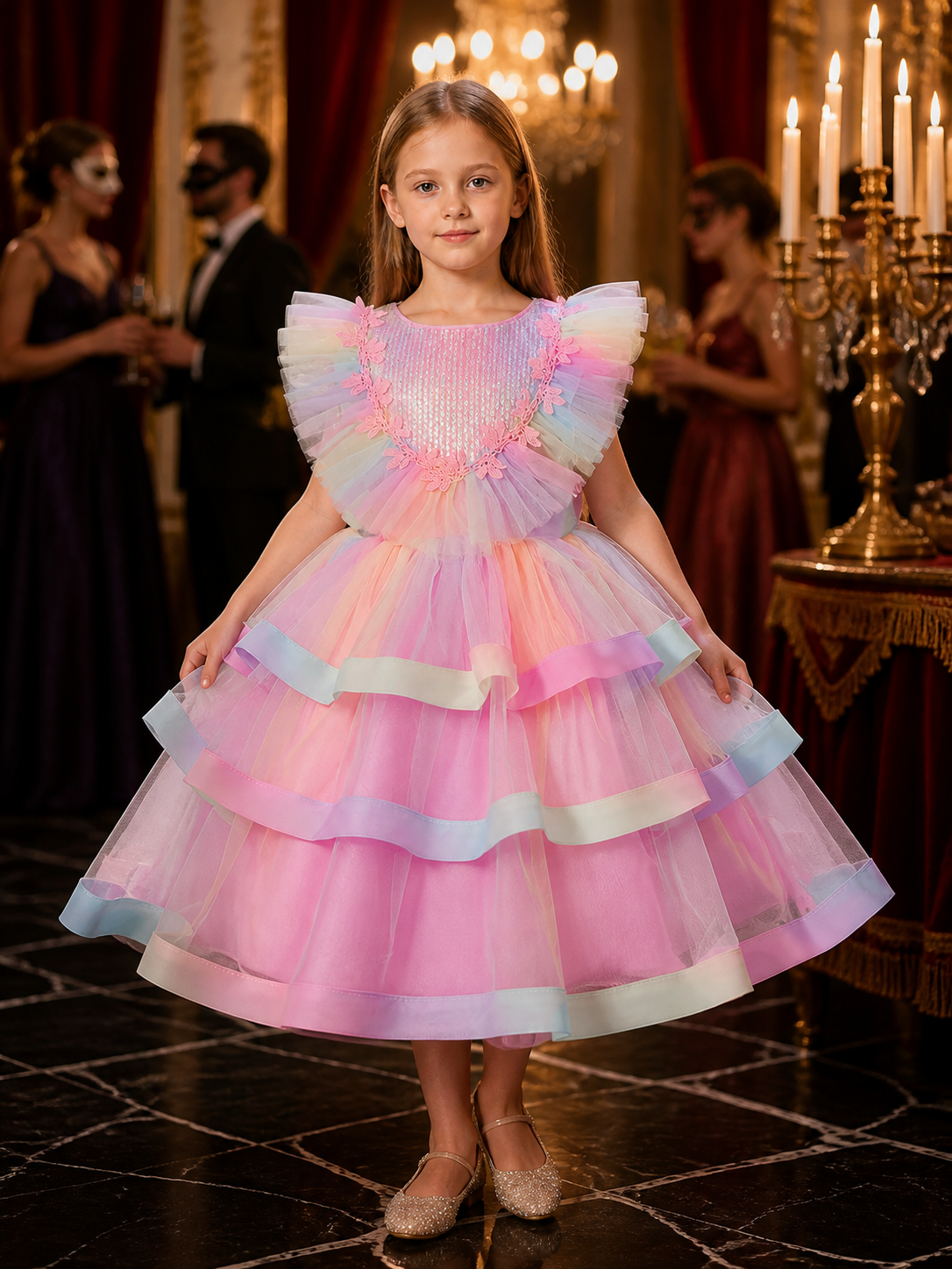Baby Girls' Rainbow Tulle Princess Dress With Layered Skirt, Sequins And Lace Costume Dresses detail