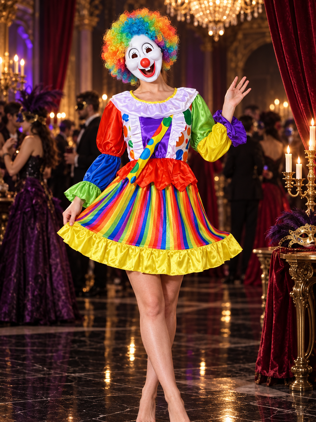 Colorful Clown Costume for Adults: Dress, Wig, Mask