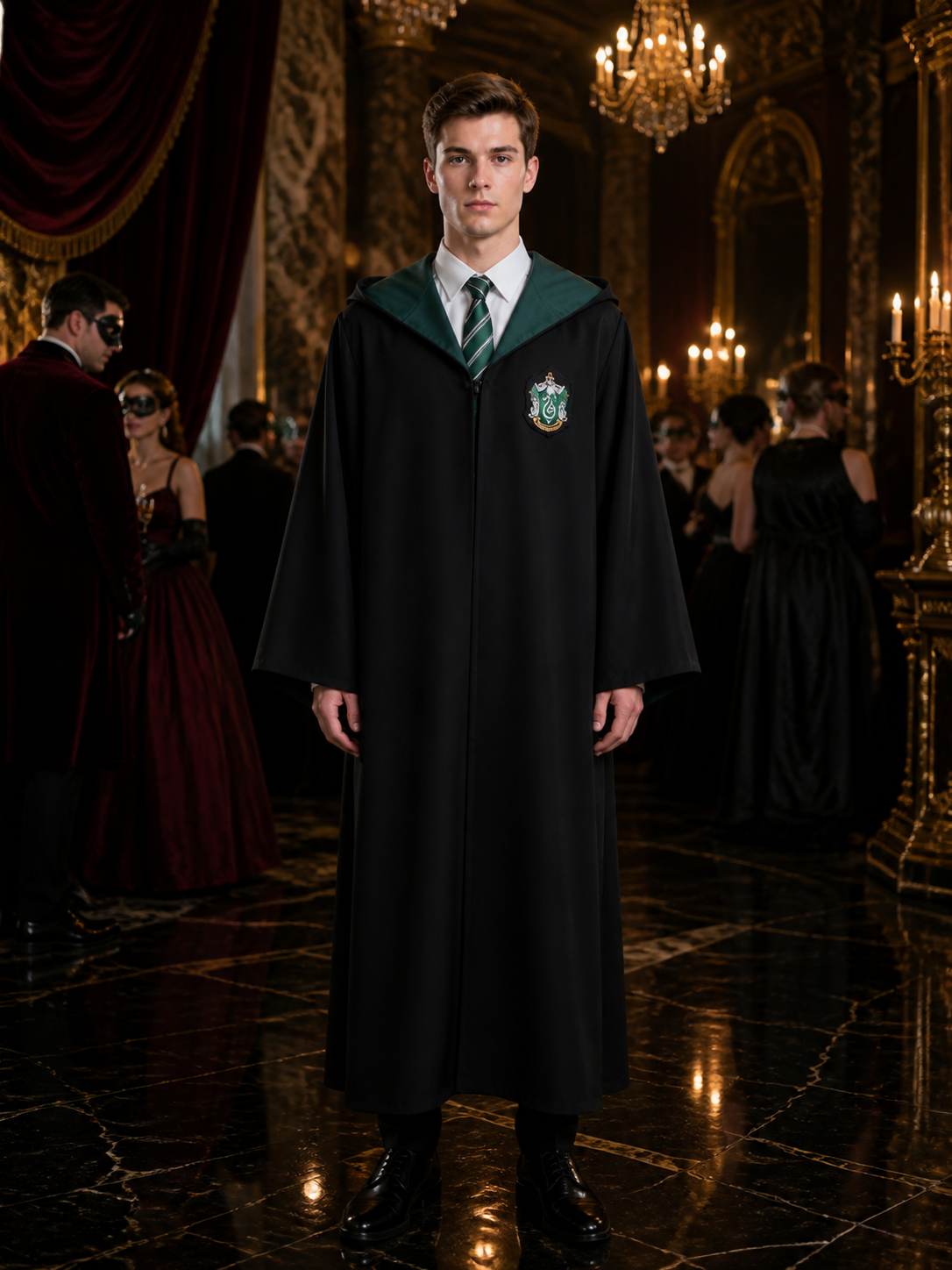 Slytherin Hooded Wizard Robe Costume Set with Striped Tie and Crest Costumes detail