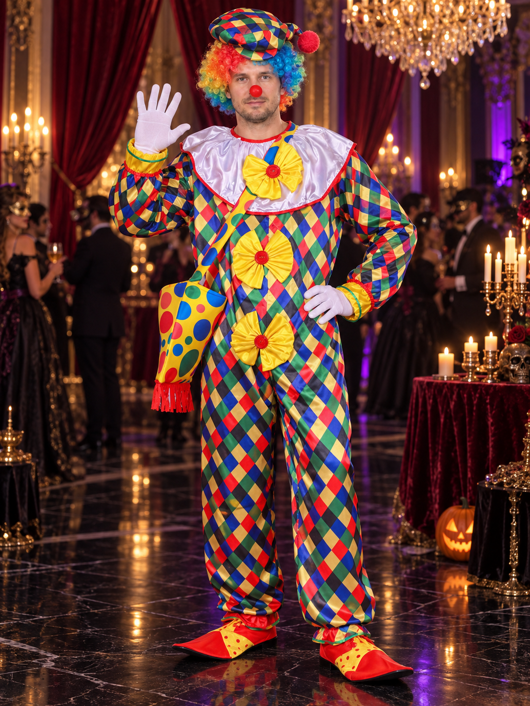 Clown Costume with Fluffy Collar, Hat, and Bows