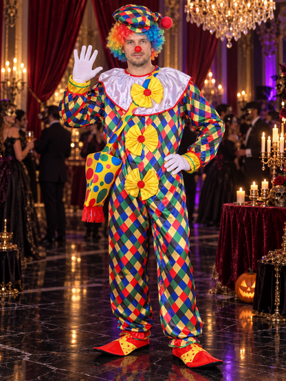 Clown Costume with Fluffy Collar, Hat, and Bows
