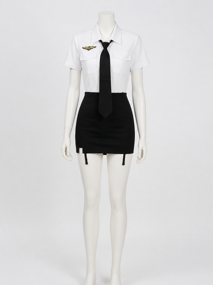 Women's Police Officer Costume Set, White Shirt with Black Tie and Skirt, Sexy Costumes detail