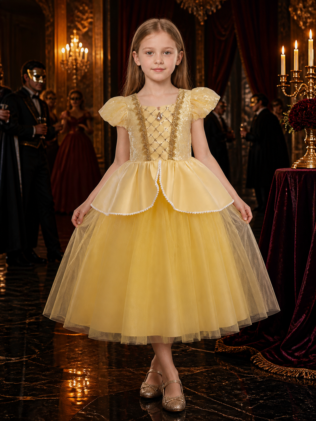 Girls Yellow Princess Costume Dress With Gold Trim, Puff Sleeves and Layered Costume Dresses detail