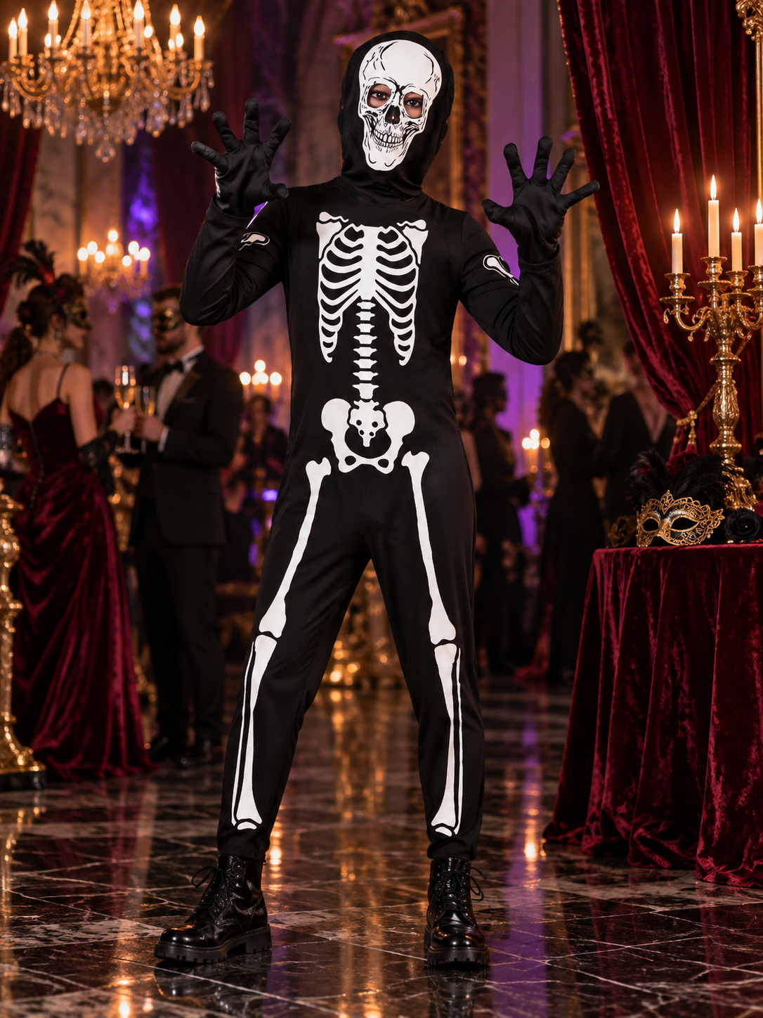 Kids' Skeleton Halloween Costume Black with Hood