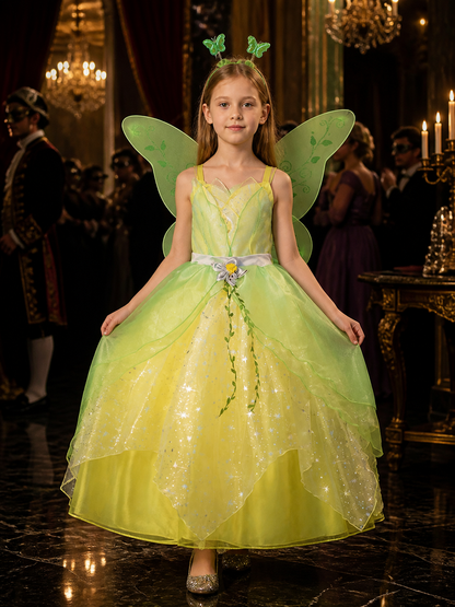 Girls Fairy Princess Butterfly Wings Costume Dress, Sparkle Gown With Fluffy