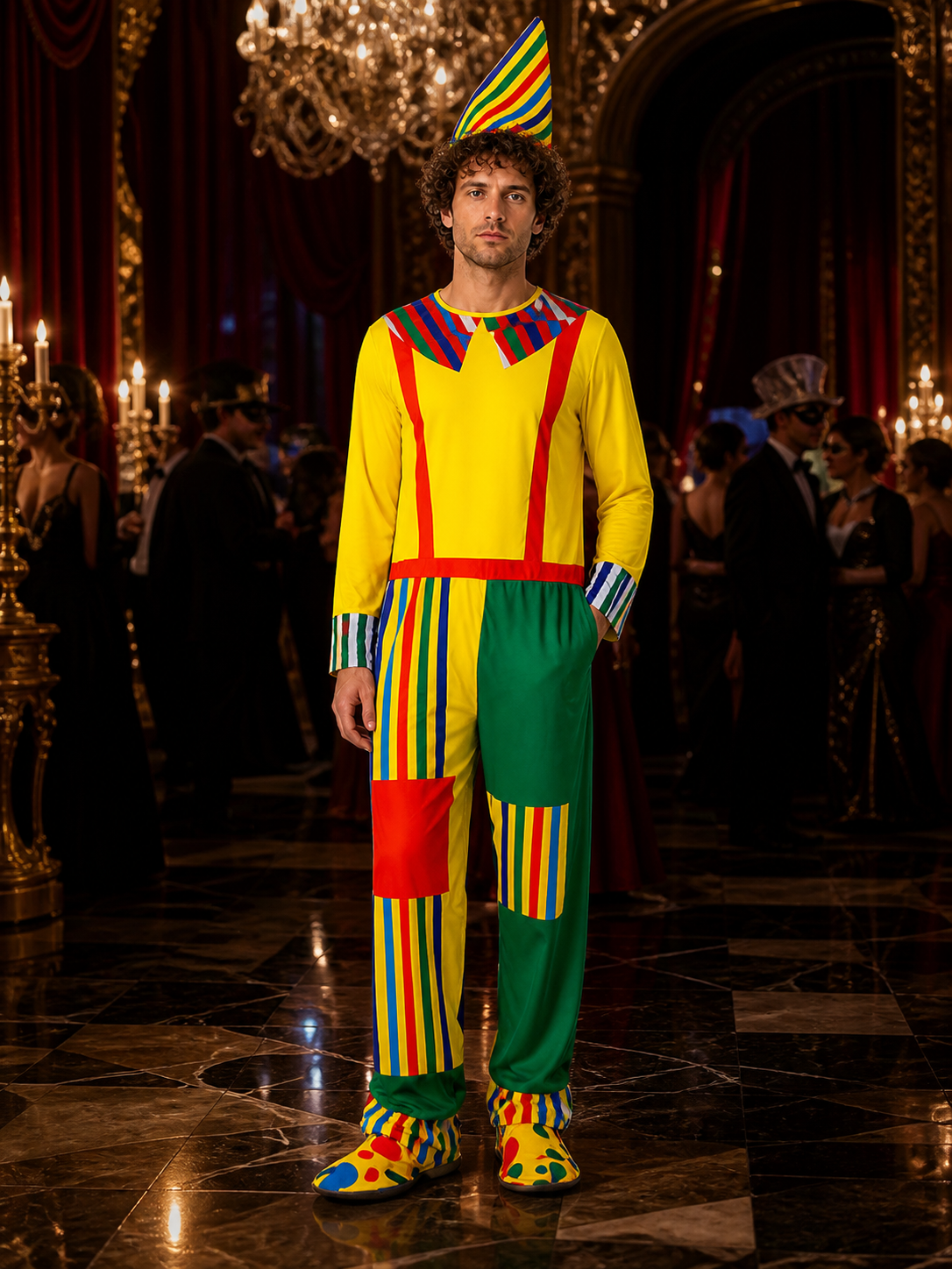 Unisex Clown Costume Set - Multi-Color Striped Jumpsuit with Pointy Hat, Circus Costume Headwear detail