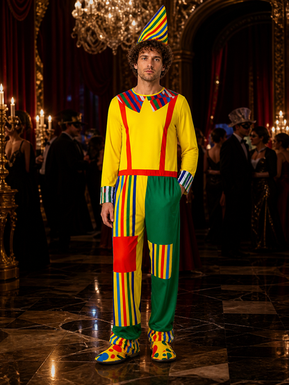 Unisex Clown Costume Set - Multi-Color Striped Jumpsuit with Pointy Hat, Circus Costume Headwear detail
