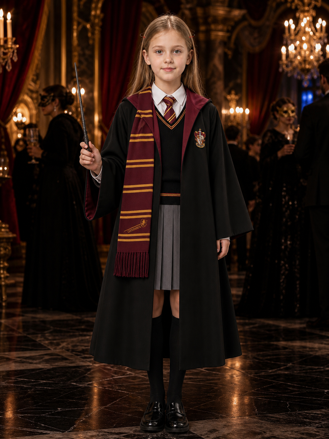 Kids Wizard Robe Costume Set, Hooded Cloak With Tie, Scarf, Wand, Shirt, Skirt Costume Capes detail
